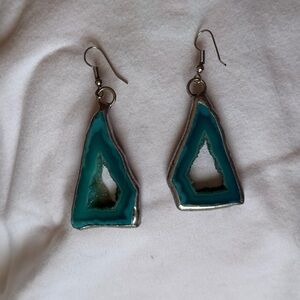 Teal Agate Geode Triangle Drop Earrings - Women Jewelry